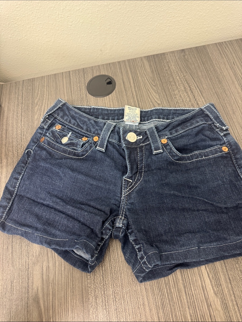 True Religion Indigo Blue Denim Short Shorts with Signature Stitch - Picture 2 of 3